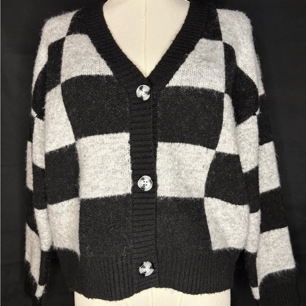 Black and White Checkered Cardigan Sweater